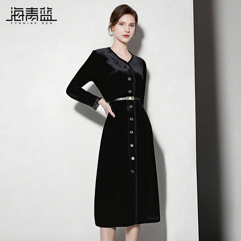 海青蓝 高级感连衣裙秋冬女2026年新款洋气长袖气质女款小个子裙