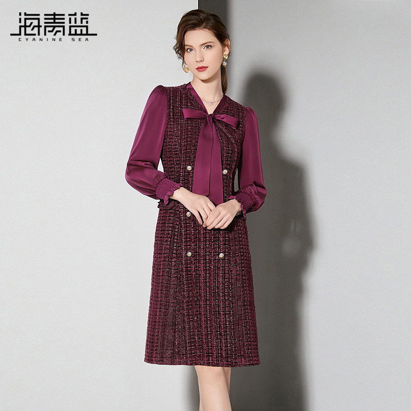 海青蓝 高端长袖连衣裙女2026新款高级设计感小众时尚女装裙子