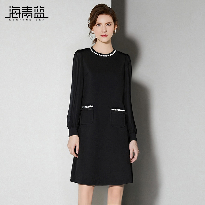 海青蓝 长袖连衣裙2026年新款秋冬高级设计感小众女装中长款裙子