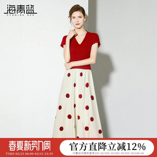 高级时尚 海青蓝 夏女2026新款 t恤套装 气质波点半身裙两件套 短袖