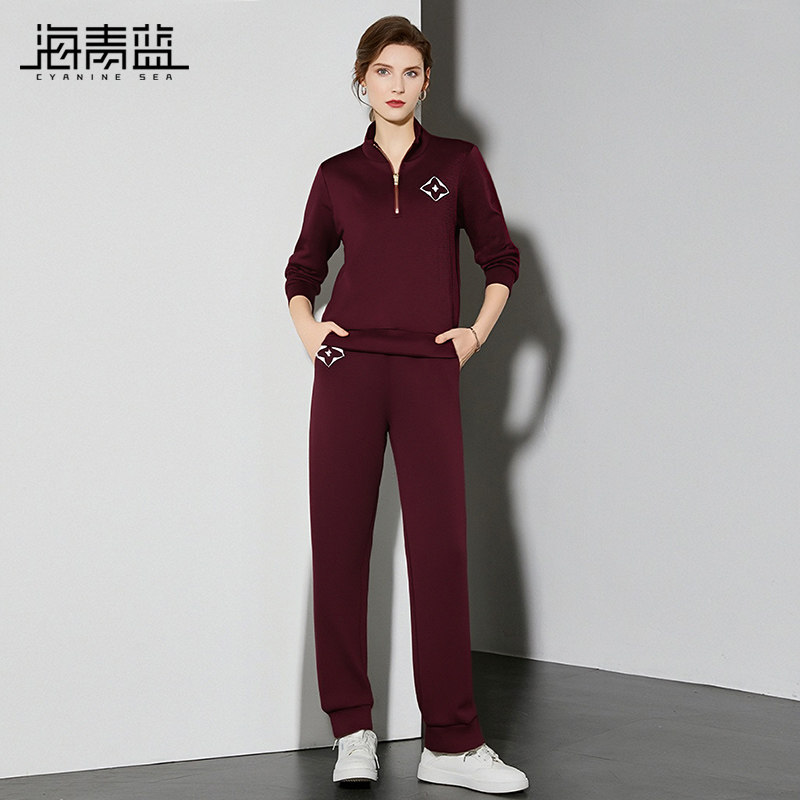 海青蓝 红色套装女26新款冬高简约大方女装时尚气质休闲裤两件套