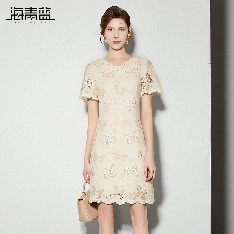 海青蓝镂空短袖连衣裙