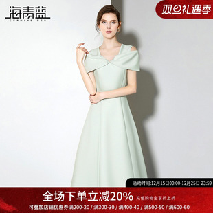 女装 裙子夏装 2025新款 配腰带露肩袖 连衣裙女 海青蓝 a字中长款 短袖