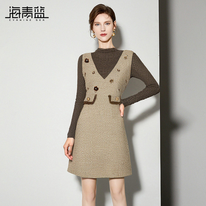 海青蓝毛呢背心连衣裙女秋冬套装2025新款气质半高领打底衫两件套