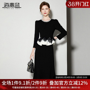 海青蓝 秋季连衣裙2025年新款时尚气质女装撞色中长款高级裙子