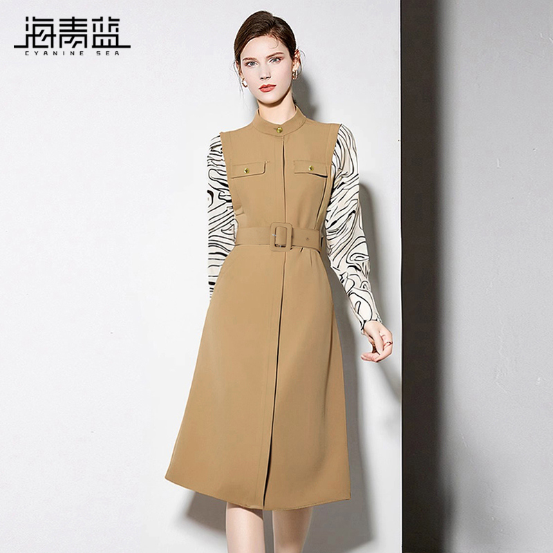 海青蓝时尚长袖连衣裙女2025秋季新款通勤气质假两件显瘦西装裙子
