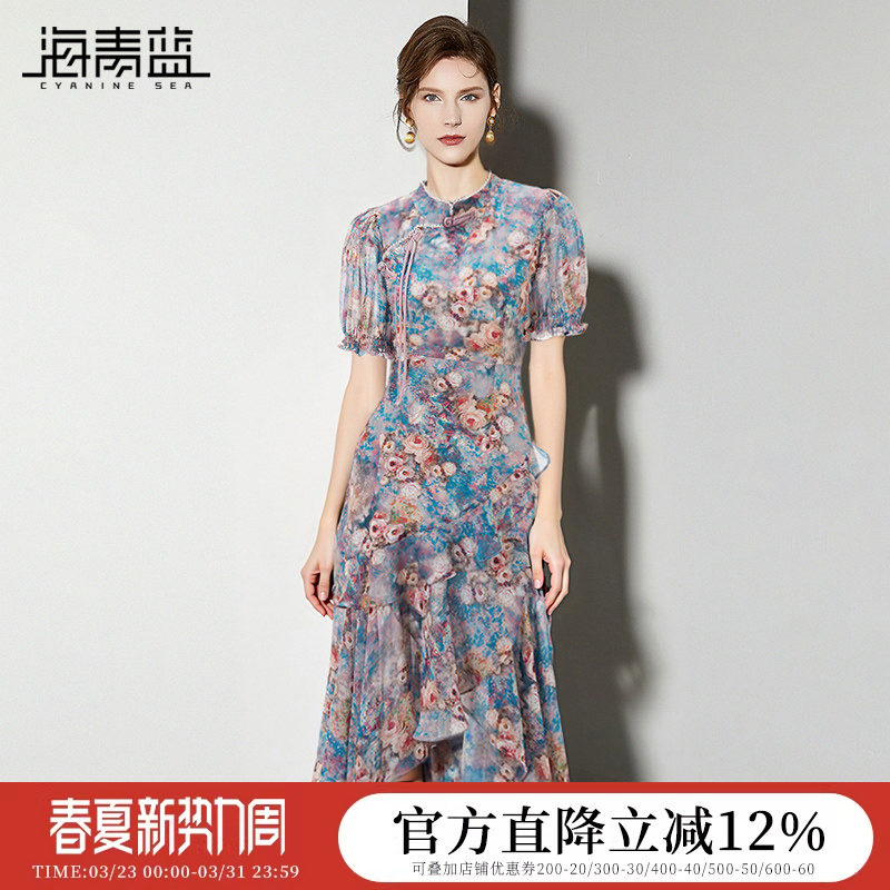 海青蓝国风印花连衣裙2026春夏新中式荷叶边气质显瘦改良旗袍裙女