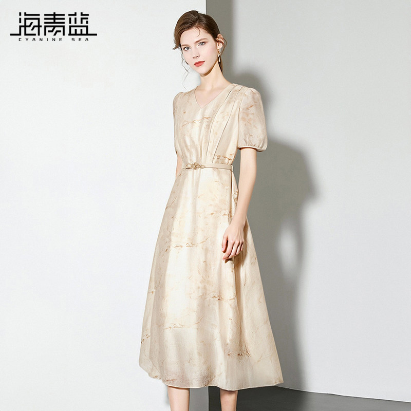 海青蓝 高端女装连衣裙女2026新款v领法式气质时尚洋气短袖连衣裙