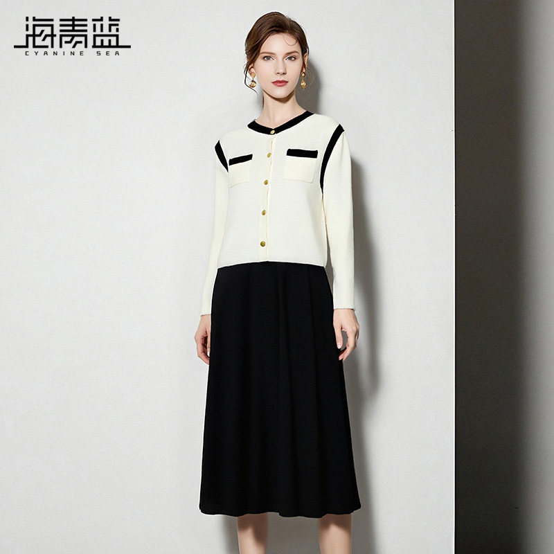 海青蓝 套装秋冬连衣裙女2025年新款长袖外套高级中长背心无袖裙