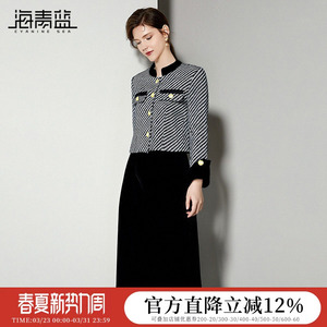 海青蓝 套装连衣裙女2026新款冬条纹长袖外套上衣女装丝绒裙子