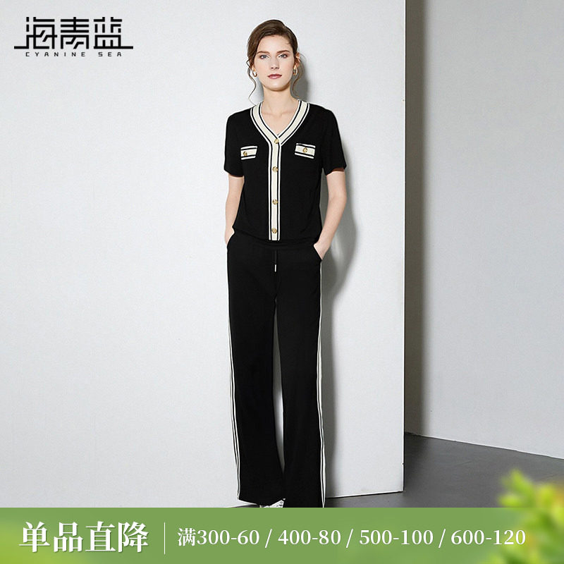 海青蓝 撞色休闲套装夏女2026新款高级时尚气质女装休闲裤两件套
