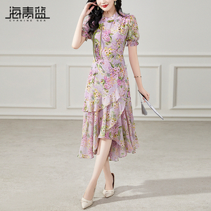 海青蓝改良旗袍连衣裙女2026夏季新款荷叶边修身显瘦雪纺碎花裙子