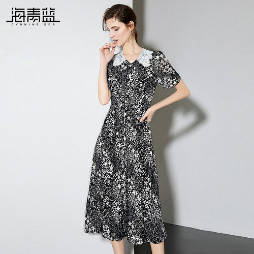 海青蓝蕾丝碎花连衣裙
