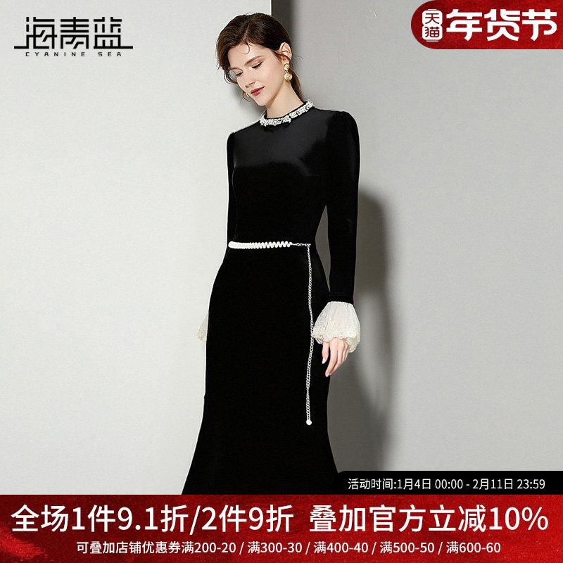 海青蓝 丝绒连衣裙秋冬女2025年新款长袖法式长裙气质高级感裙子