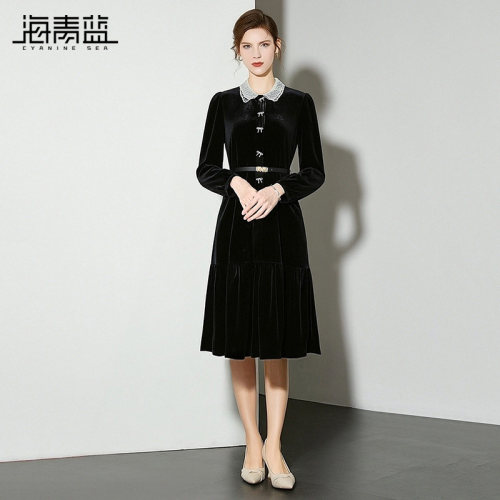 海青蓝裙子丝绒连衣裙