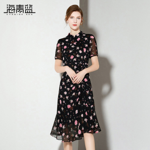 印花连衣裙短袖 高级时尚 2025年新款 中长款 气质度假裙 女装 海青蓝