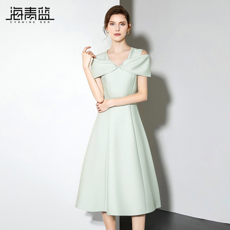 海青蓝 短袖裙子夏装女装2026新款配腰带露肩袖a字中长款连衣裙女