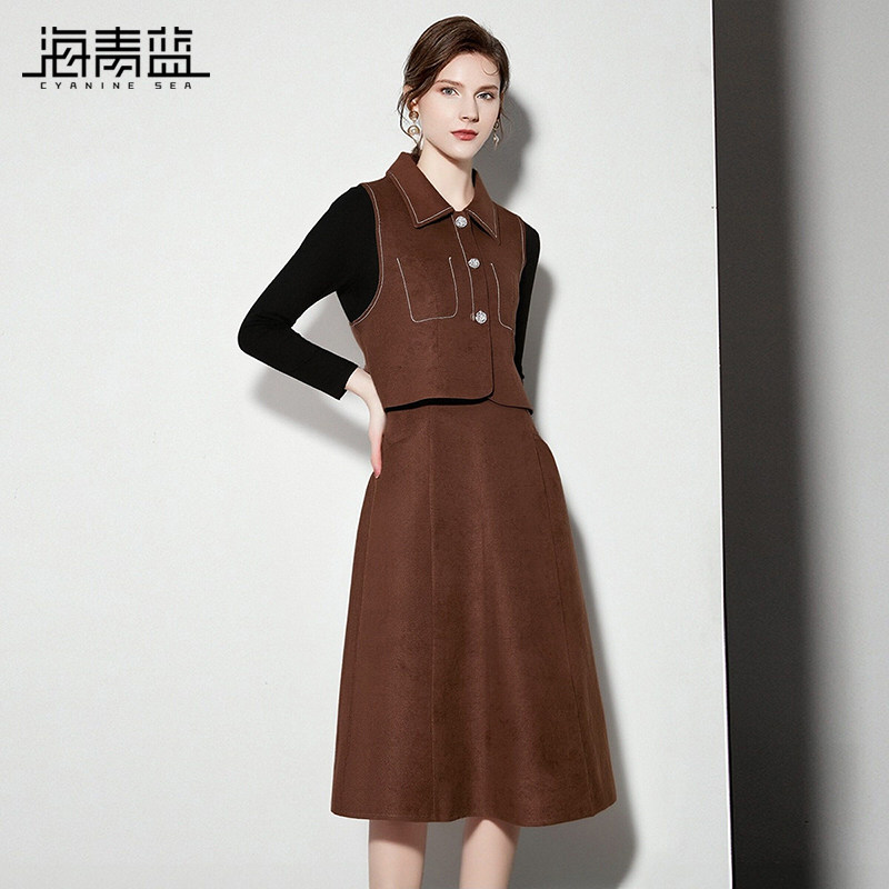 海青蓝 套装连衣裙2025年新款秋冬高级设计感中长款女装翻领裙子