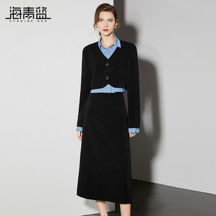 海青蓝复古风灯芯绒套装 女秋冬假两件外套半身裙保暖两件套