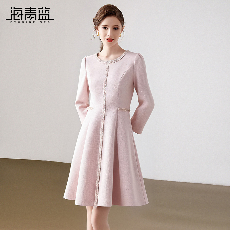 海青蓝长袖秋季连衣裙