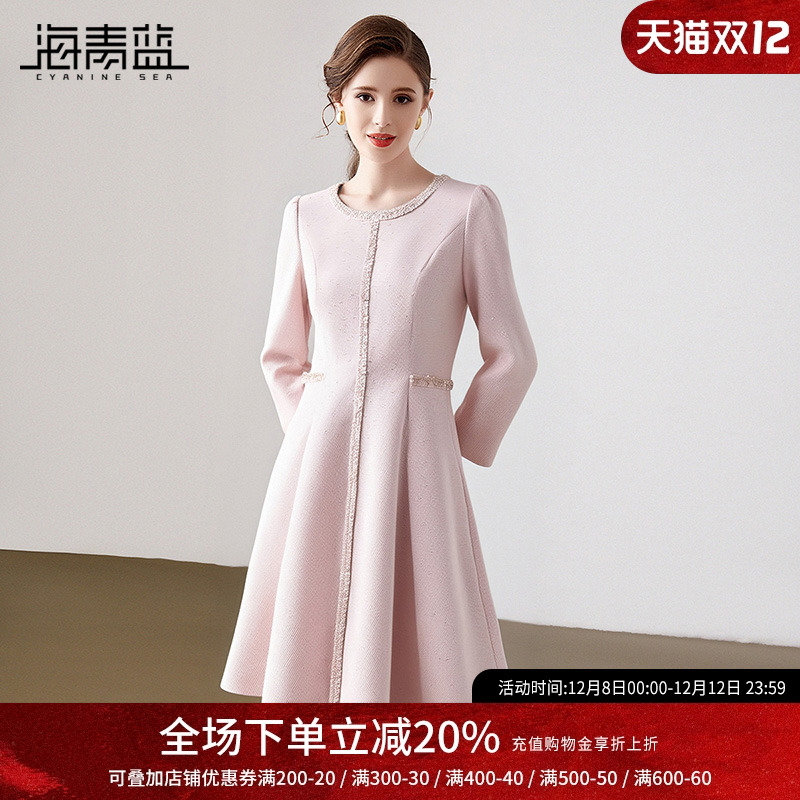 海青蓝长袖秋季连衣裙
