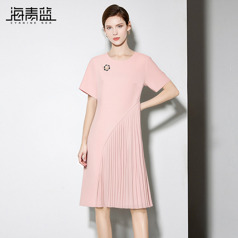 海青蓝设计感皱褶连衣裙