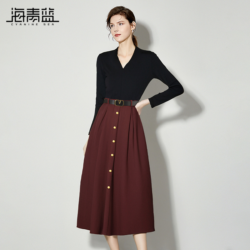 海青蓝假两件拼接连衣裙
