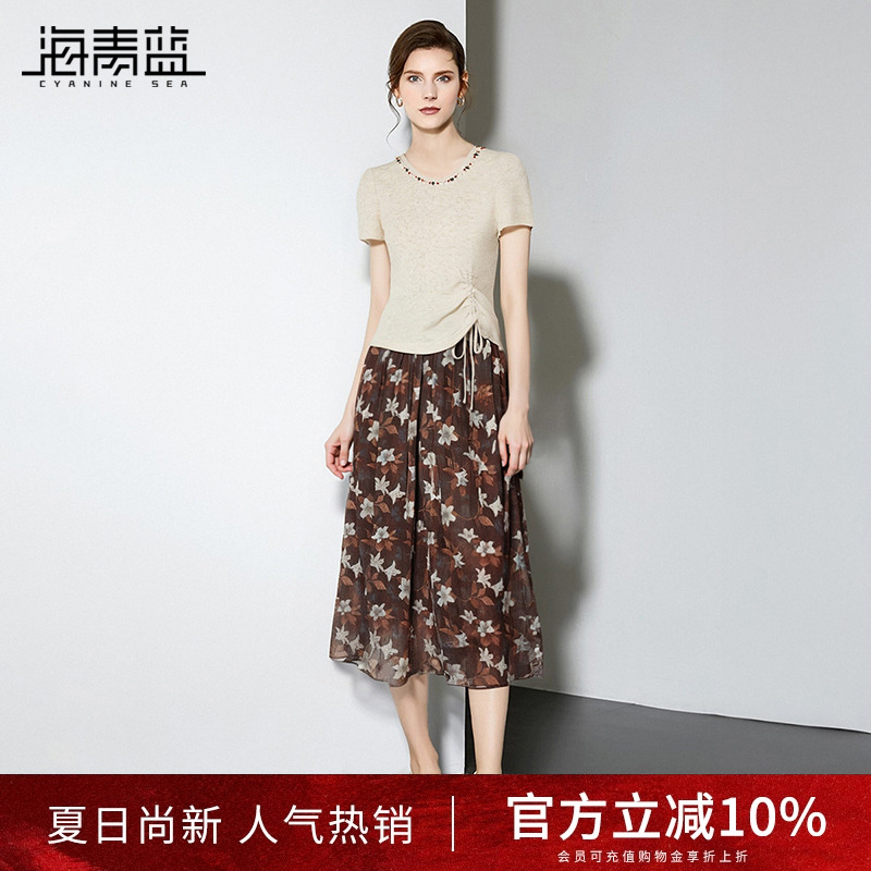 海青蓝 套装夏女2025新款高级设计感时尚气质休闲短袖女装两件套