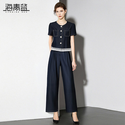 海青蓝牛仔两件套装女