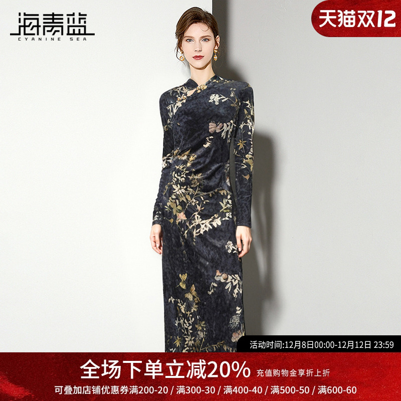 海青蓝复古中式印花丝绒连衣裙