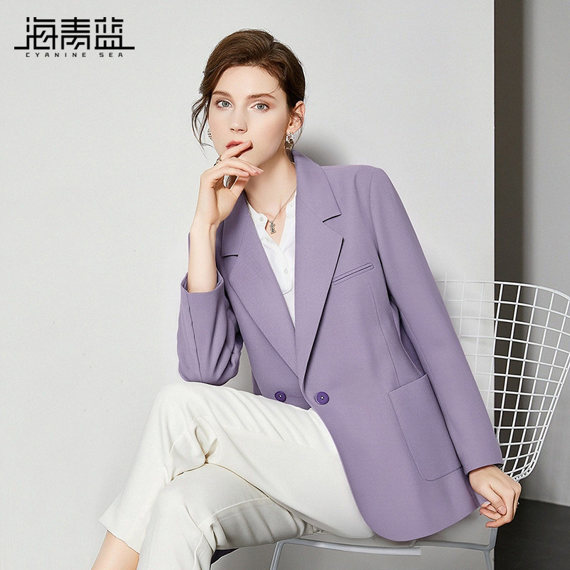 海青蓝 女士西装外套长袖翻领上衣2026年新款高级感女装短外套