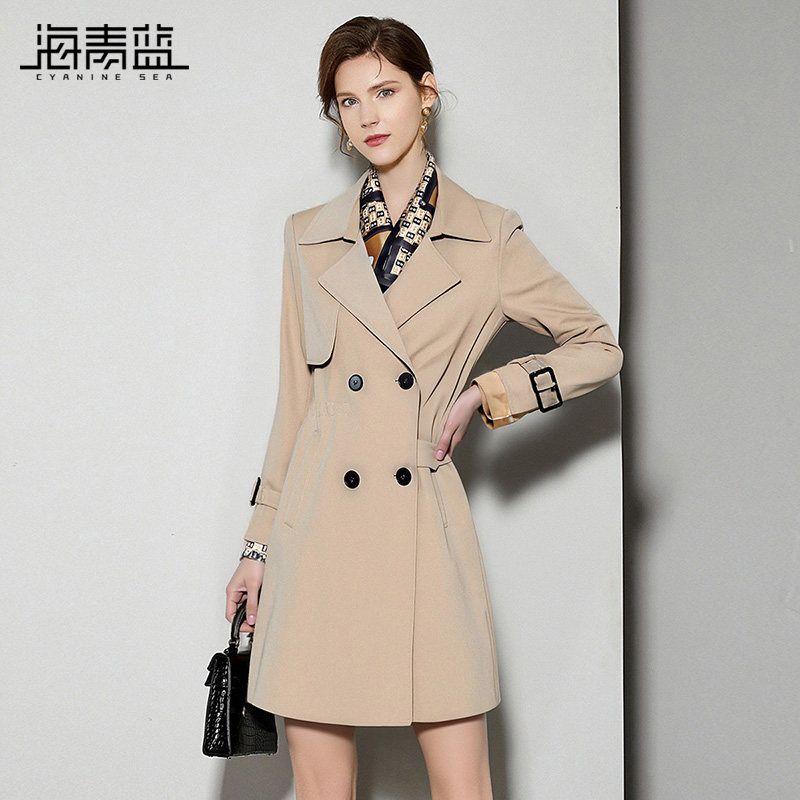 海青蓝 风衣女款2026年新款长袖中长款女装高级设计感秋冬外套