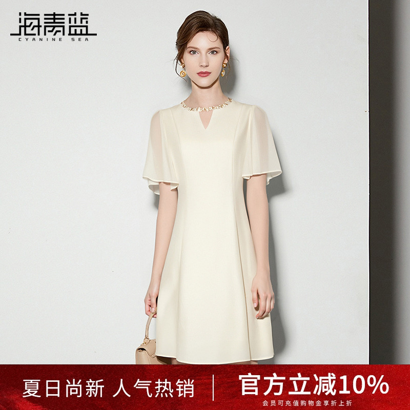 海青蓝 女装裙子2025年新款夏季高级时尚气质中长款短袖连衣裙女