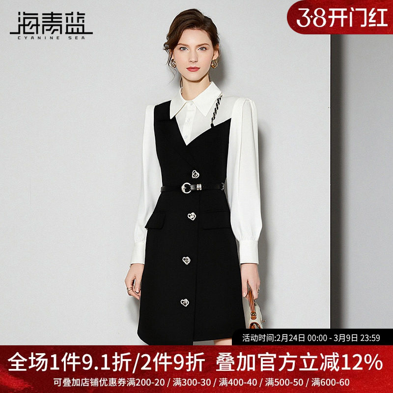 海青蓝 秋冬长袖连衣裙2025年新款高级好看长袖翻领法式衬衫裙子