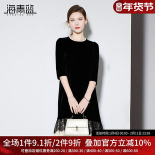 海青蓝 蕾丝拼接连衣裙秋季女2025新款高级设计感秋季中袖女装裙