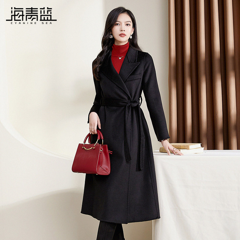 海青蓝时尚水波纹绵羊毛呢子大衣女秋冬季新款中长款红色毛呢外套