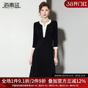 海青蓝 2026新款连衣裙秋冬时尚气质长袖高级设计感撞色女装裙子