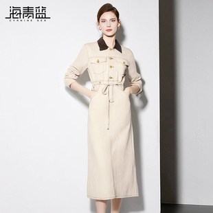 收腰通勤长袖 海青蓝时尚 新款 polo领衬衫 牛仔长裙 连衣裙女2024秋装