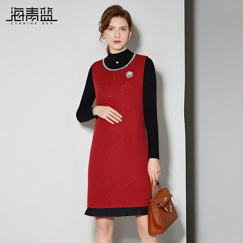 海青蓝 套装连衣裙2025年新款秋冬半高领内搭长袖女装撞色裙子