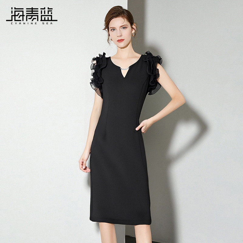 海青蓝  荷叶袖连衣裙女2026年新款高级女装设计感小众黑色a字裙