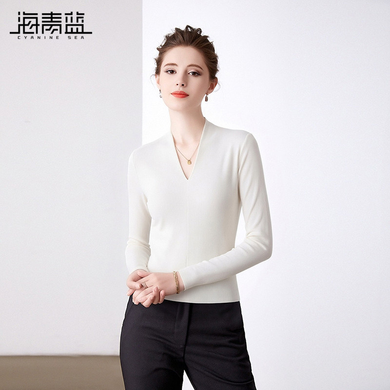 海青蓝 打底针织衫春款2026新款女装高级时尚长袖v领气质内搭上衣