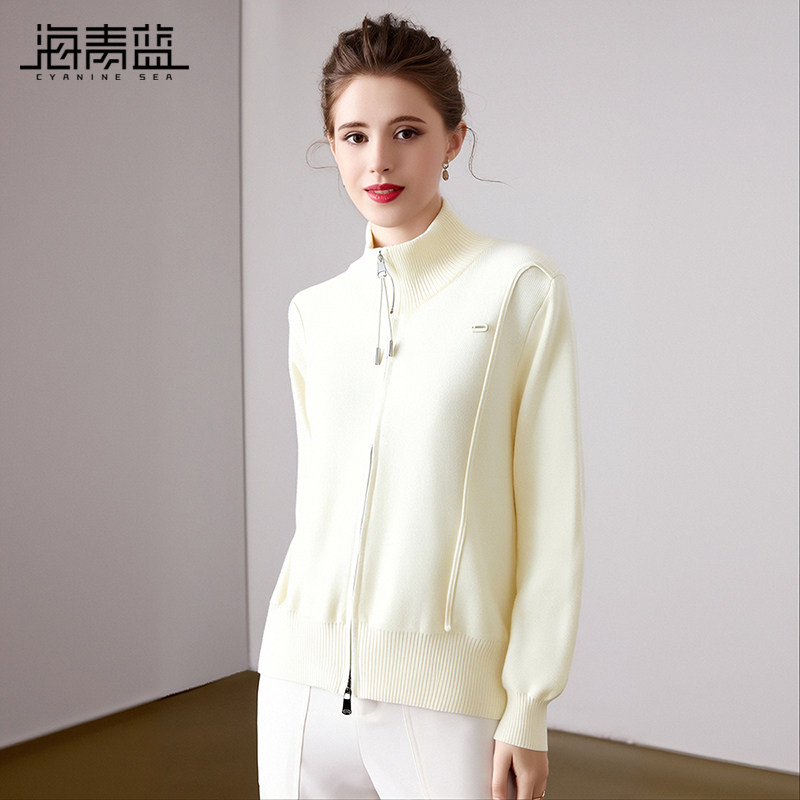 海青蓝 针织开衫2025年新款纯色拉链半高领打底衫女内搭冬上衣