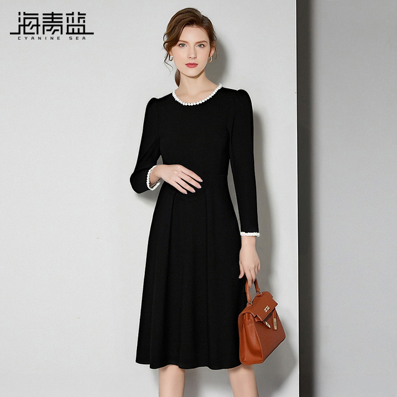 海青蓝裙子秋冬连衣裙
