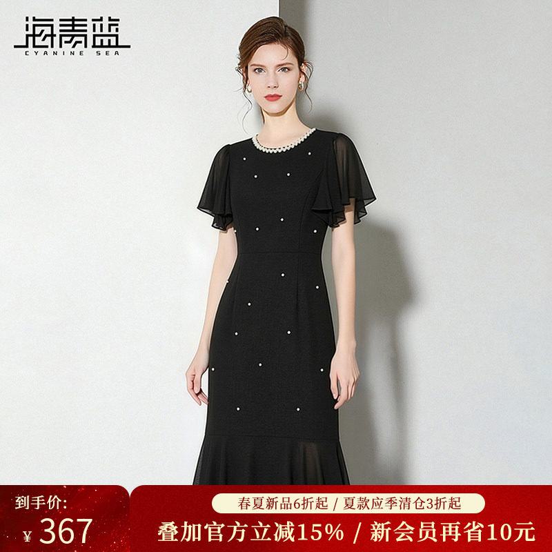 海青蓝 短袖钉钻网纱连衣裙夏女2026新款女装轻熟小众不撞款裙子