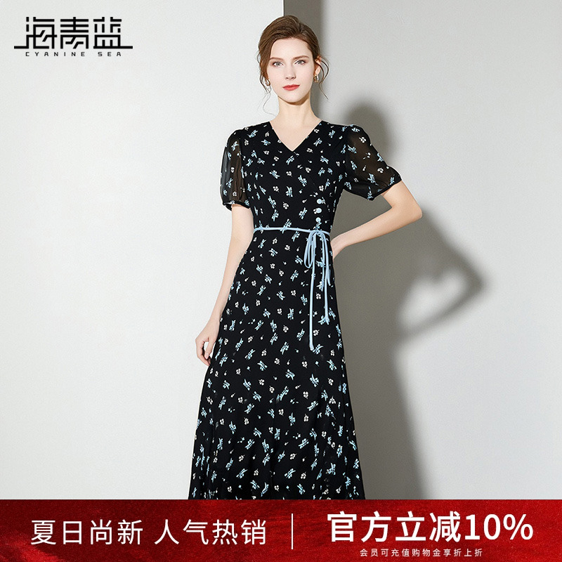 海青蓝 女装2025新款夏季裙子高级感时尚气质小众法式碎花连衣裙