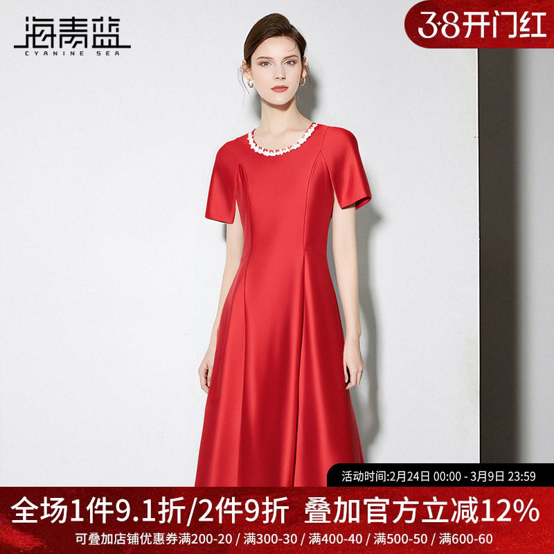 海青蓝 红色连衣裙夏女2025新款女装纯色短袖拼接圆领中长款裙子