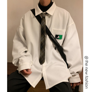 长袖休闲华夫格衬衫港式翻领宽松春季男装开衫绣标商务休闲