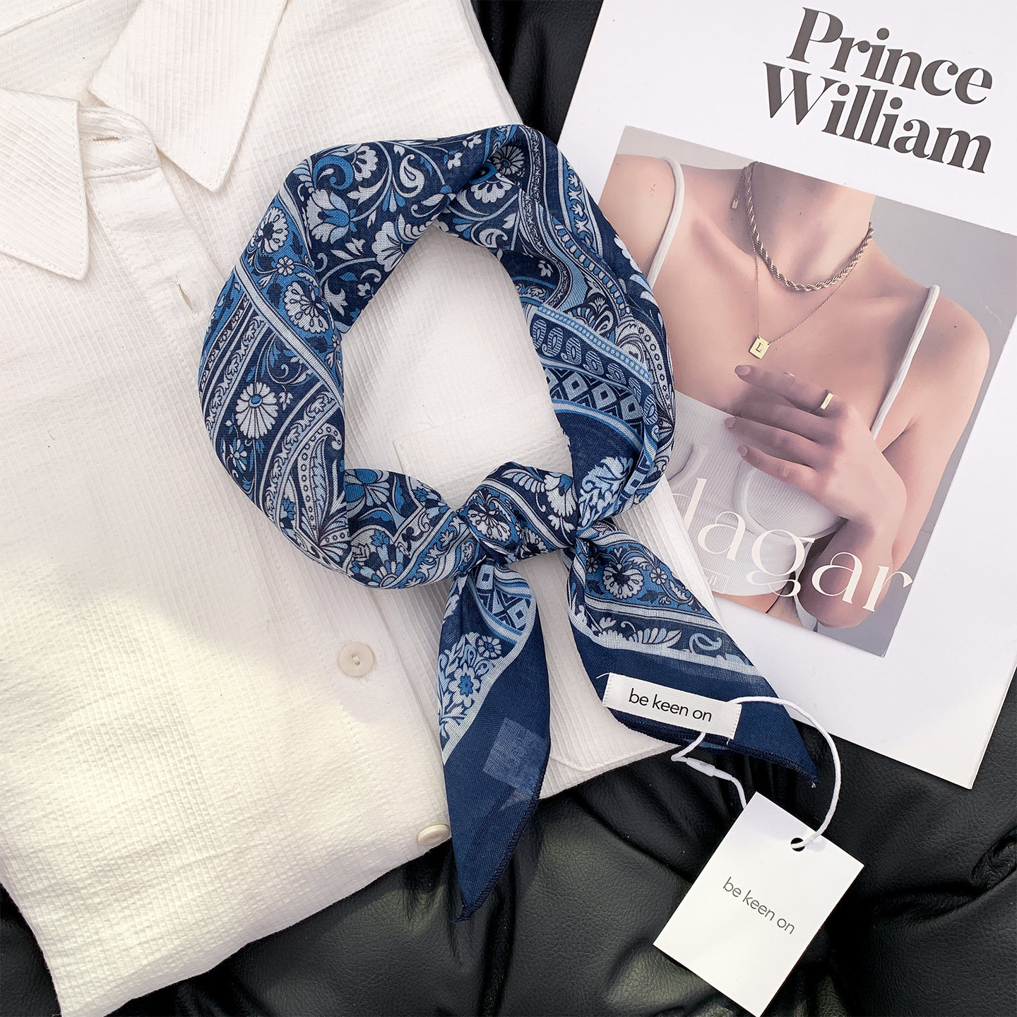 复古小文艺！棉麻深蓝调印花小方巾女士韩版百搭丝巾高级系小领巾