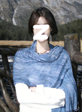 民族风蓝色棉麻围巾女春秋复古文艺旅游拍照氛围感薄款披肩系脖
