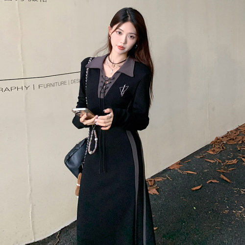 2026 春秋大码黑色 polo 连衣裙女 早秋长袖气质长款宽松卫衣长裙